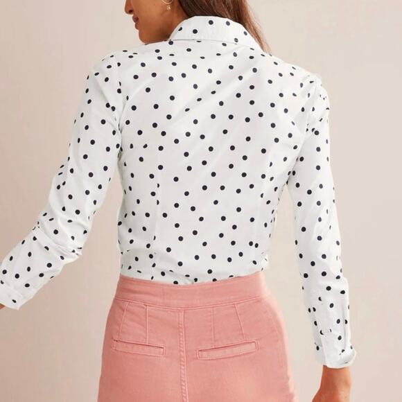 Boden Saskia Stretch Cotton Shirt Ivory Spaced Polka Dot Navy Blue 8 - Picture 2 of 9